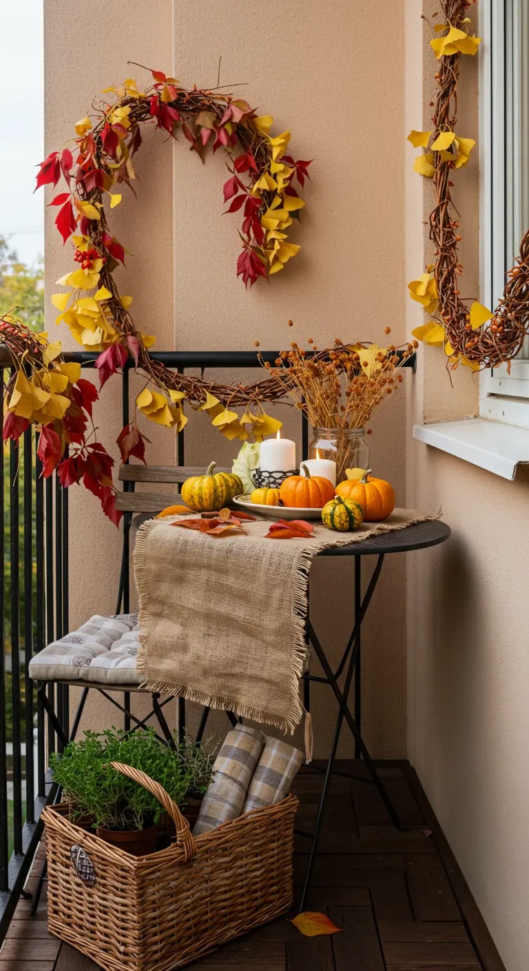 Balcon avec table de bistrot, chaises, couronnes de feuilles, herbes aromatiques en panier et bougies.