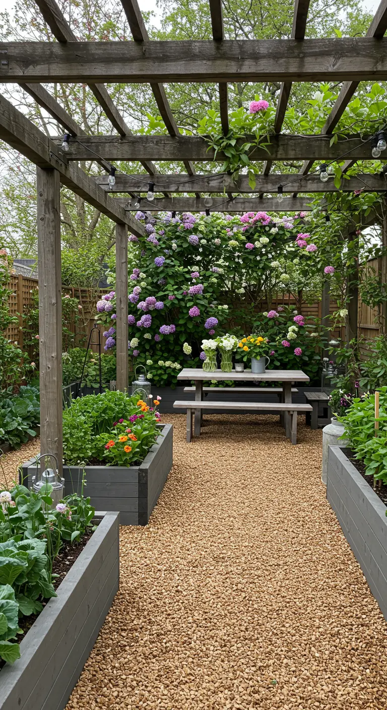 Pergola en bois avec guirlandes lumineuses, bacs de jardin surélevés, table de pique-nique et hortensias.