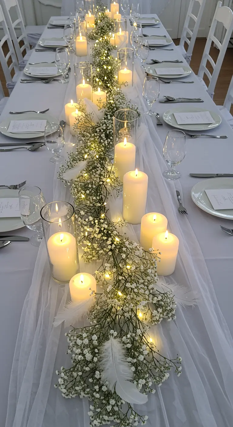 Table élégante avec chemin de table en voile, gypsophile, bougies piliers et guirlande lumineuse.
