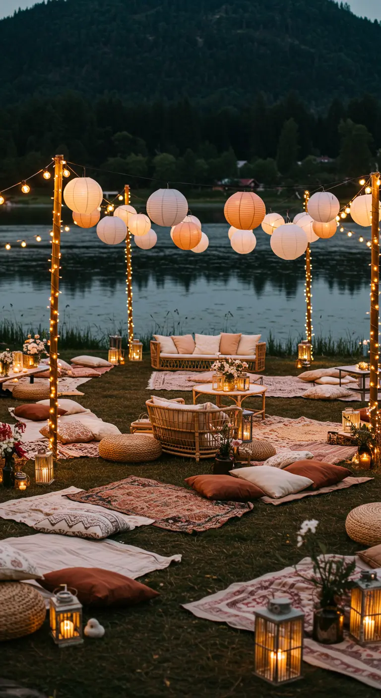 Salon de jardin bohème au bord d'un lac, avec des lampions, guirlandes, coussins et tapis.