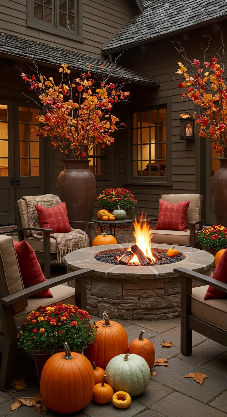 Coin feu d'extérieur en automne avec citrouilles, chrysanthèmes et fauteuils douillets.
