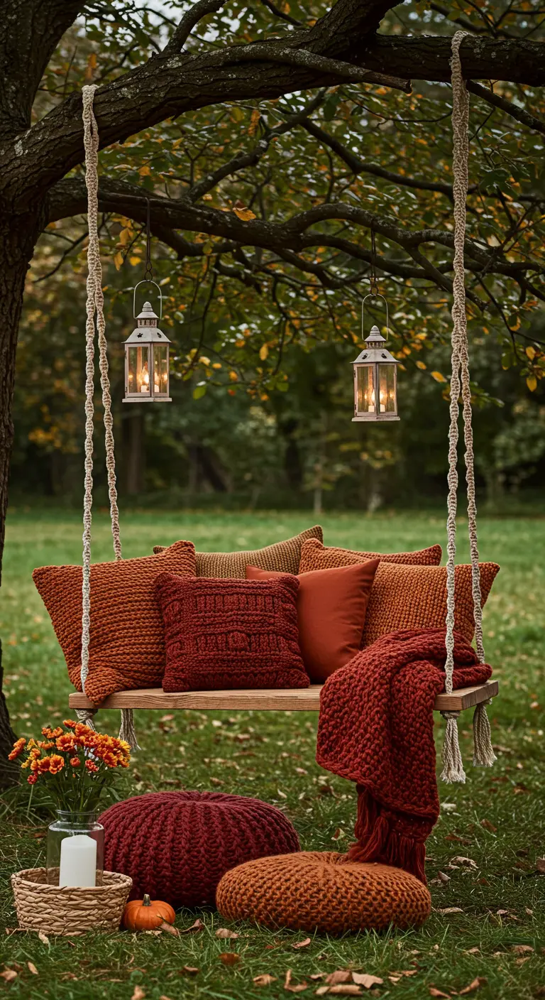 Balançoire en bois avec coussins automnaux, plaids tricotés, lanternes sous un arbre.