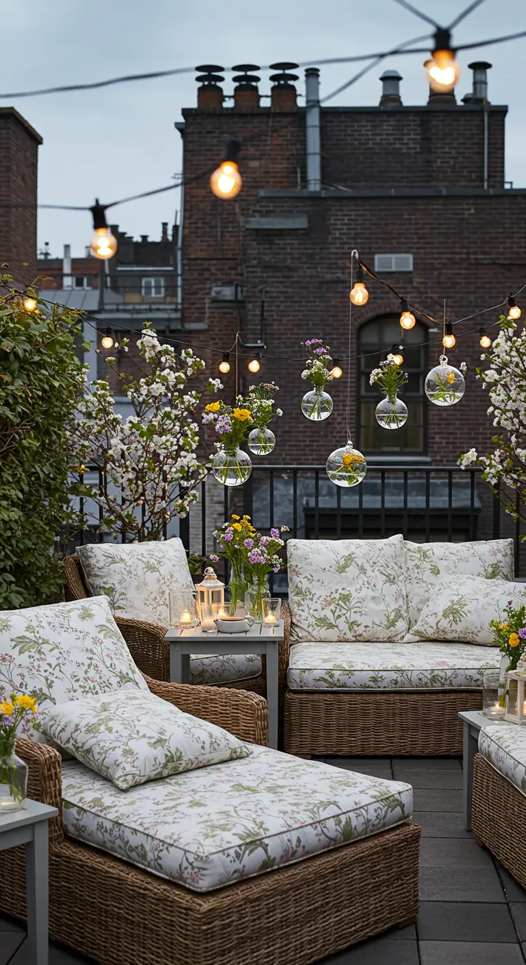 Terrasse sur le toit avec mobilier en osier, coussins fleuris, guirlandes lumineuses et boules de verre suspendues.