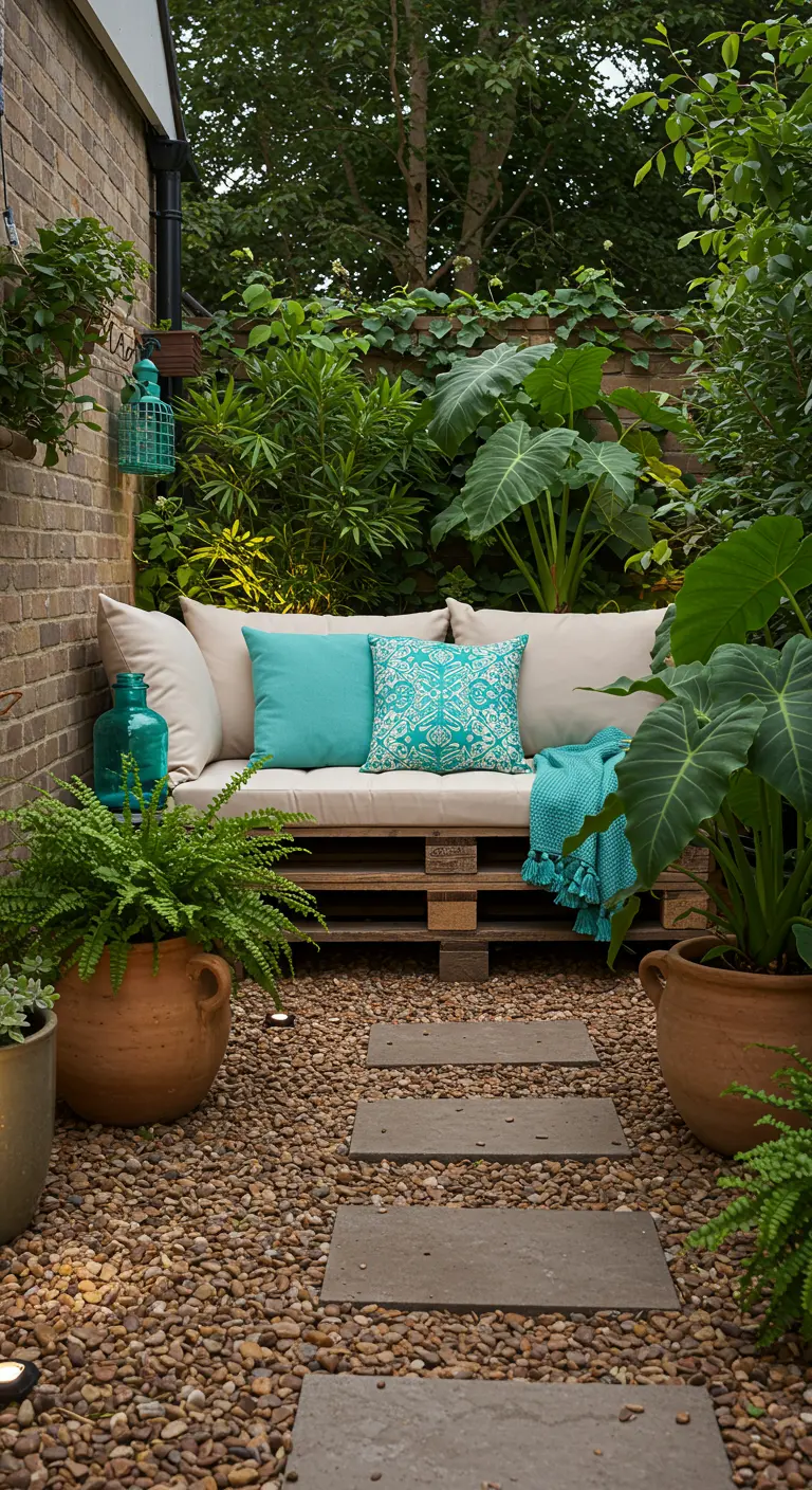 Coin jardin bohème avec canapé en palettes, coussins aqua, grandes plantes vertes et chemin de gravier.