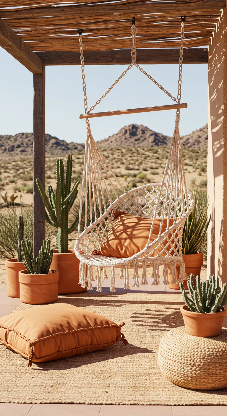 Fauteuil suspendu macramé, coussins ocre, pots terracotta, succulentes, paysage désertique.