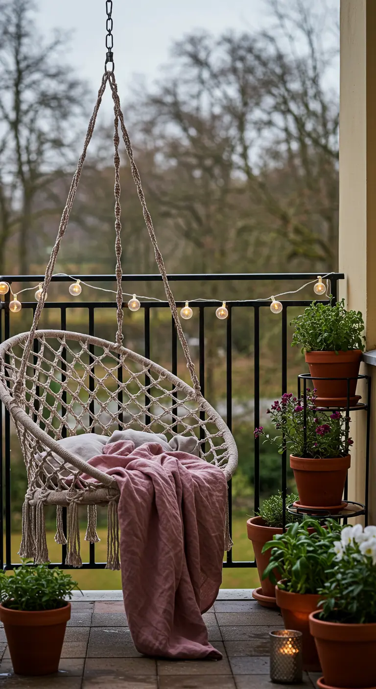 Fauteuil œuf en macramé sur un balcon fleuri, avec un plaid rose et des guirlandes lumineuses.