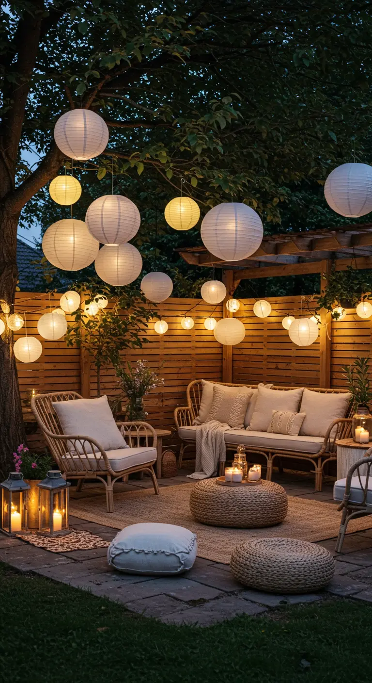 Patio bohème avec mobilier en rotin, guirlandes et lampions blancs de différentes tailles.