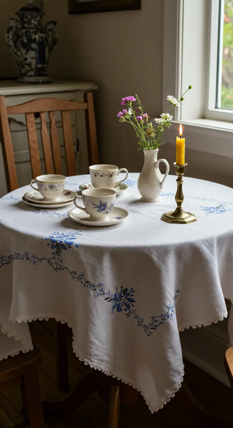 Petite table cosy avec nappe brodée, vaisselle florale, bougie unique et fleurs des champs.