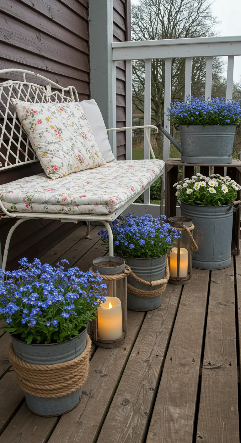 Balcon rustique avec banc blanc, coussin fleuri, pots en zinc, sceau en corde et myosotis bleus.
