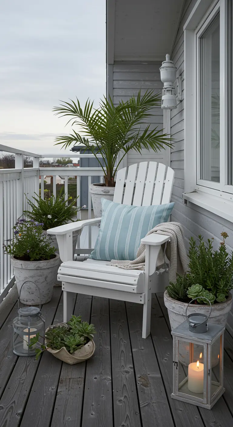 Balcon ambiance côtière avec fauteuil Adirondack blanc, coussin bleu rayé, plantes et lanternes.