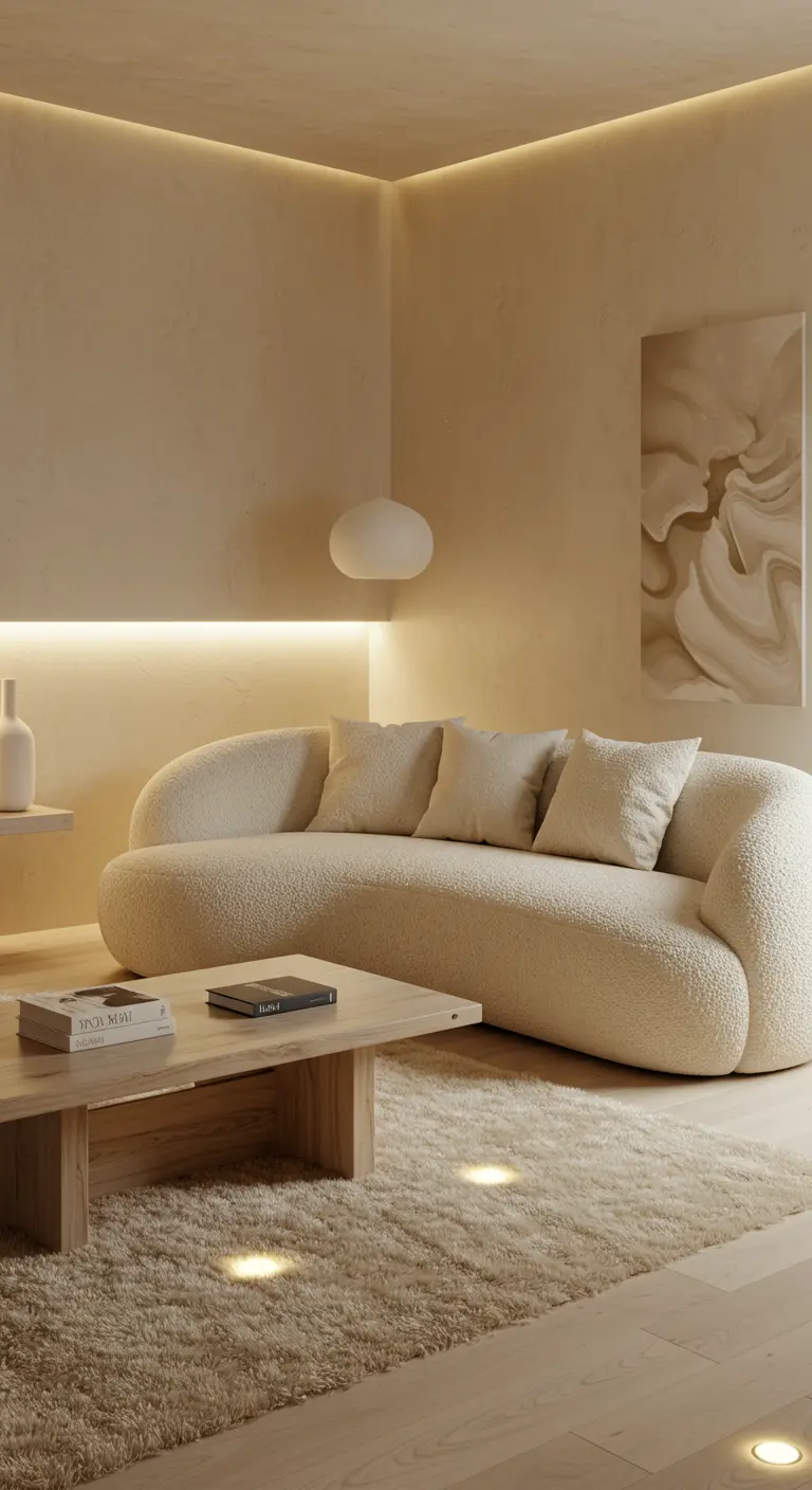 Salon crème avec canapé incurvé, table basse bois, éclairage indirect au plafond, tapis.