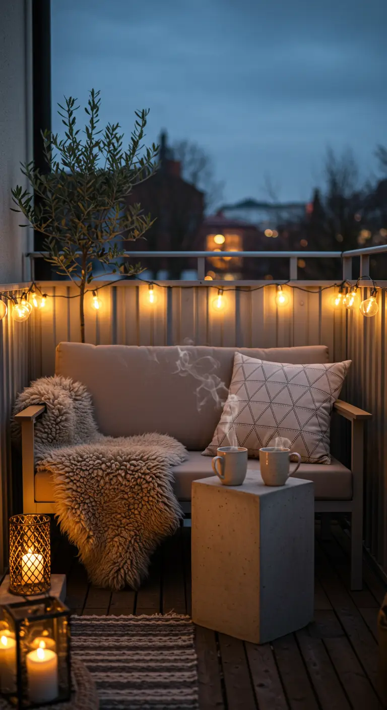 Petit balcon avec banquette, guirlande lumineuse, peau de mouton et table d'appoint.