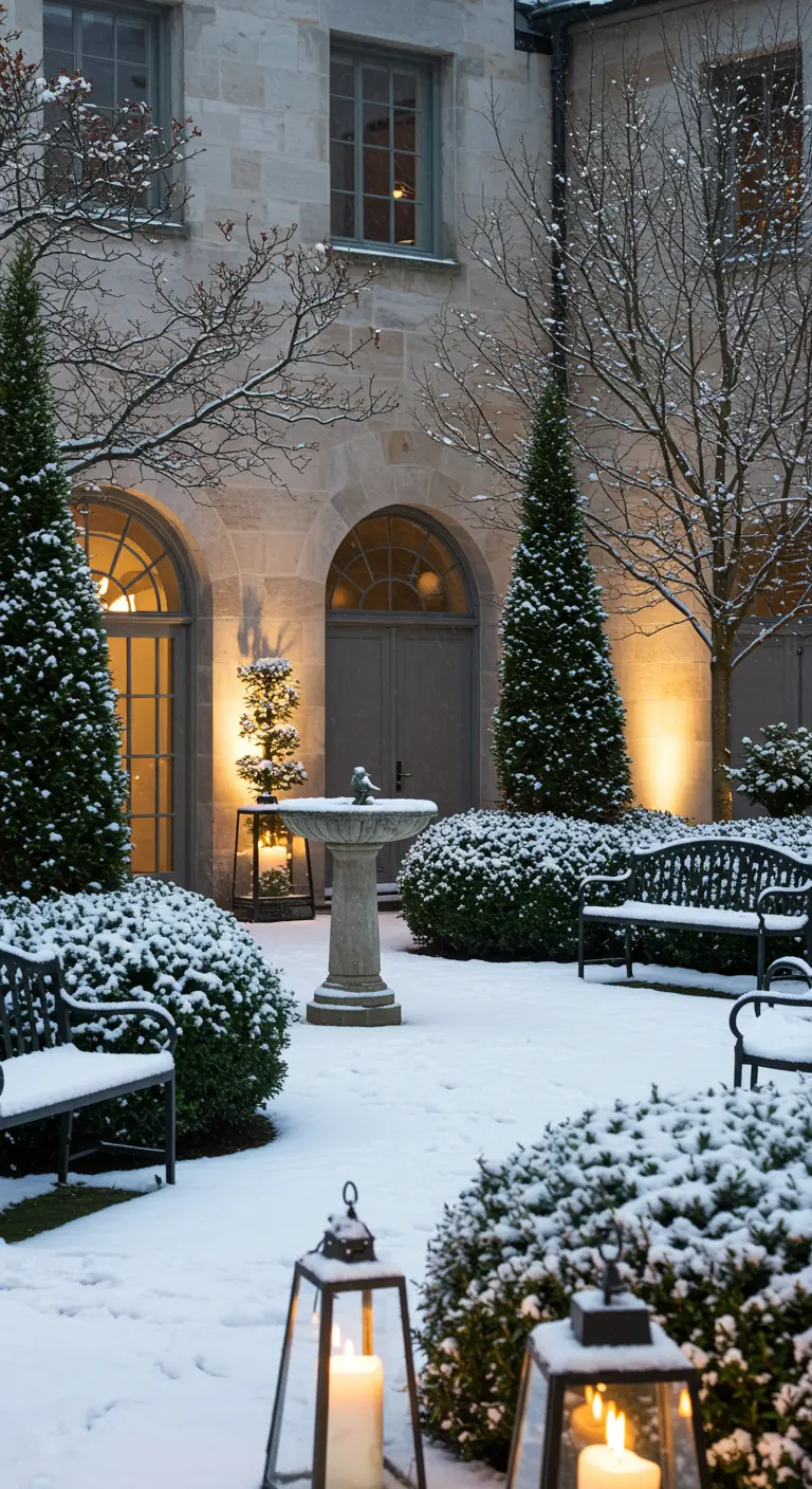 Cour enneigée avec fontaine, arbustes taillés, bancs et éclairage architectural.