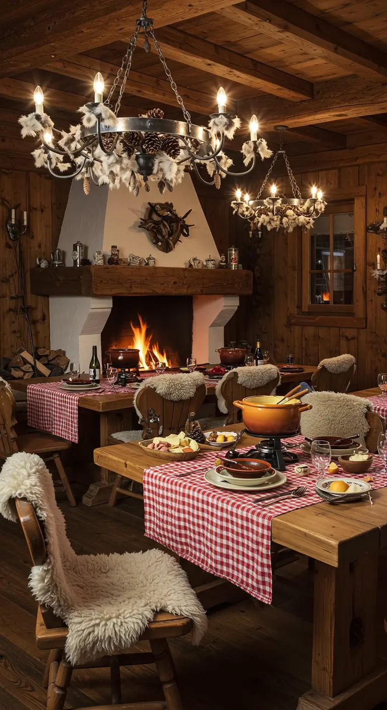 Intérieur de chalet montagnard avec nappes vichy, fourrures, cheminée, lustre rustique.