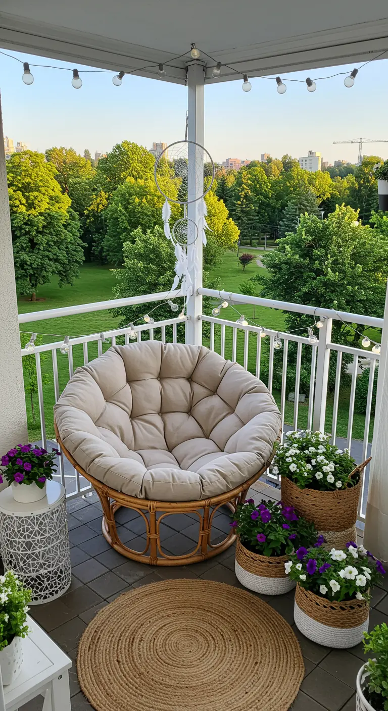 Grand balcon avec fauteuil papasan, tapis rond en jute et lumières guirlandes.