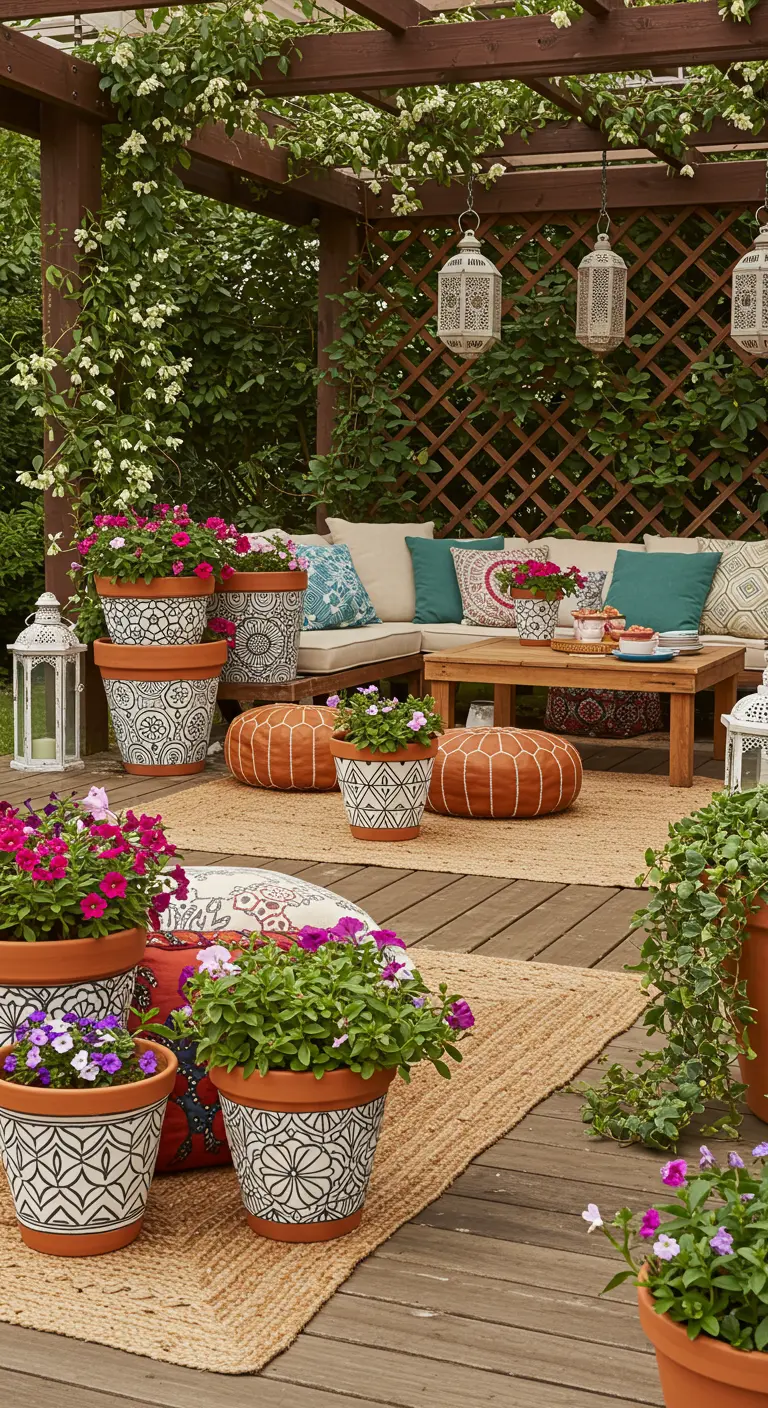 Terrasse avec salon de jardin, tapis jute, pots graphiques, poufs en cuir, lanternes et fleurs roses.
