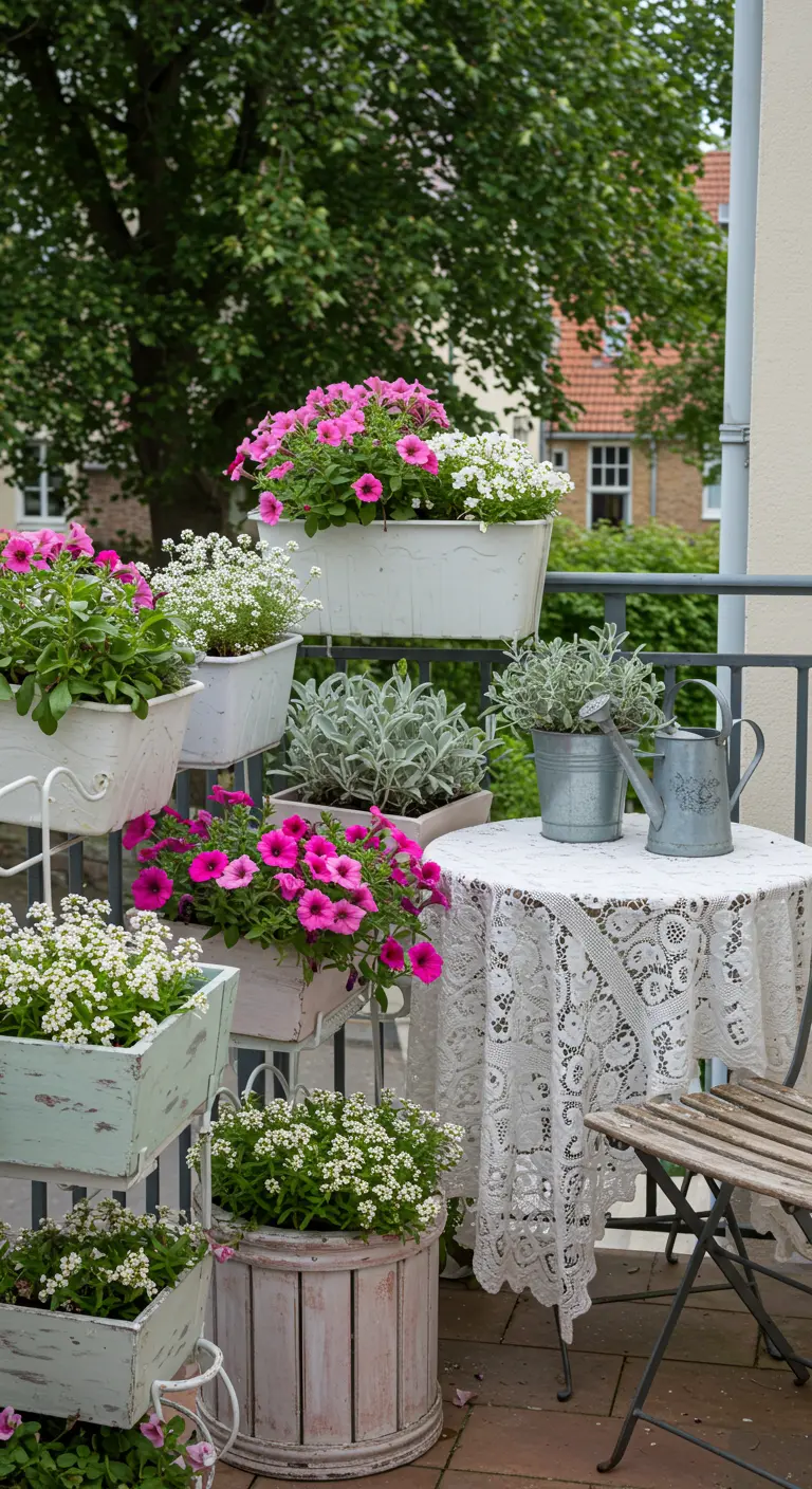 Balcon fleuri de pétunias roses et blancs dans des jardinières murales et au sol.