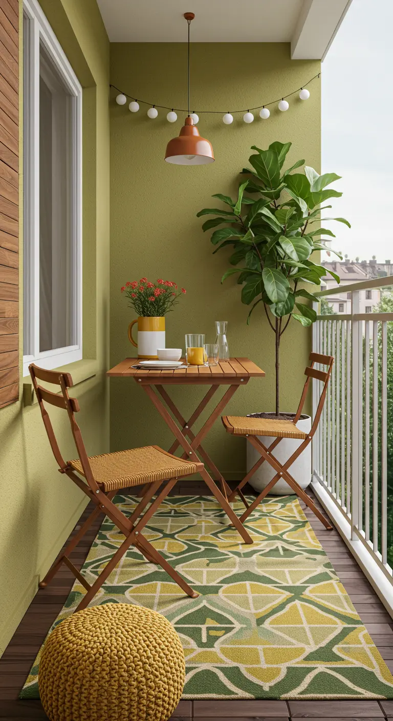 Balcon avec mur vert, table et chaises pliantes en bois et jaune, tapis géométrique et pouf jaune.