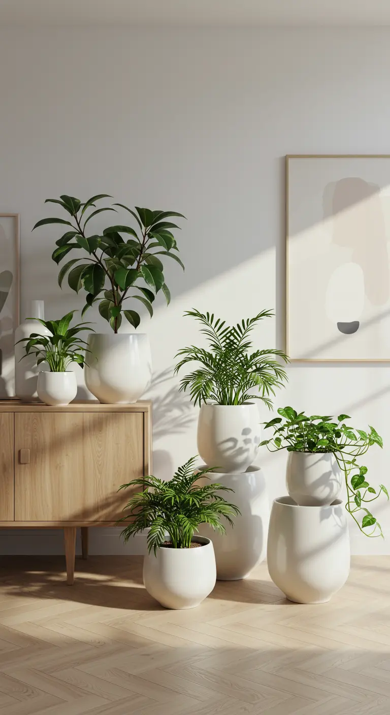 Arrangement de pots blancs brillants de différentes tailles avec diverses plantes vertes sur parquet.