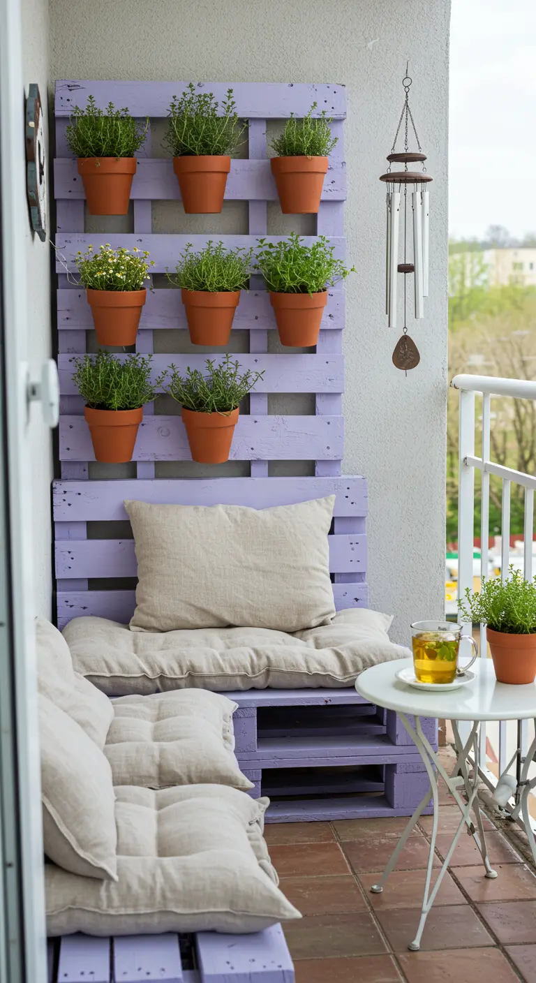 Balcon apaisant avec canapé en palettes lavande, coussins en lin, mur végétal d'herbes aromatiques et carillon.