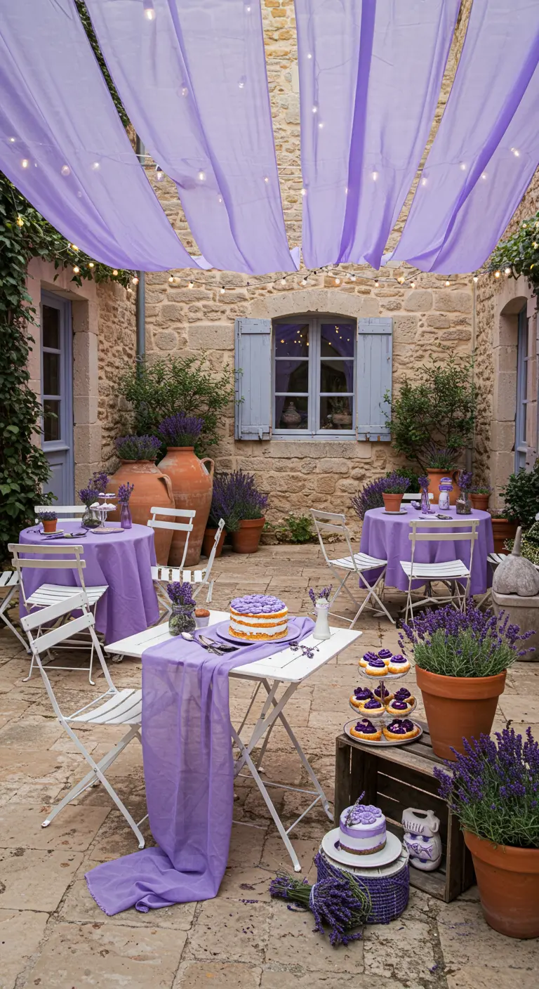 Cour intérieure décorée de voiles lavande, tables, chaises et pots de lavande fraîche.