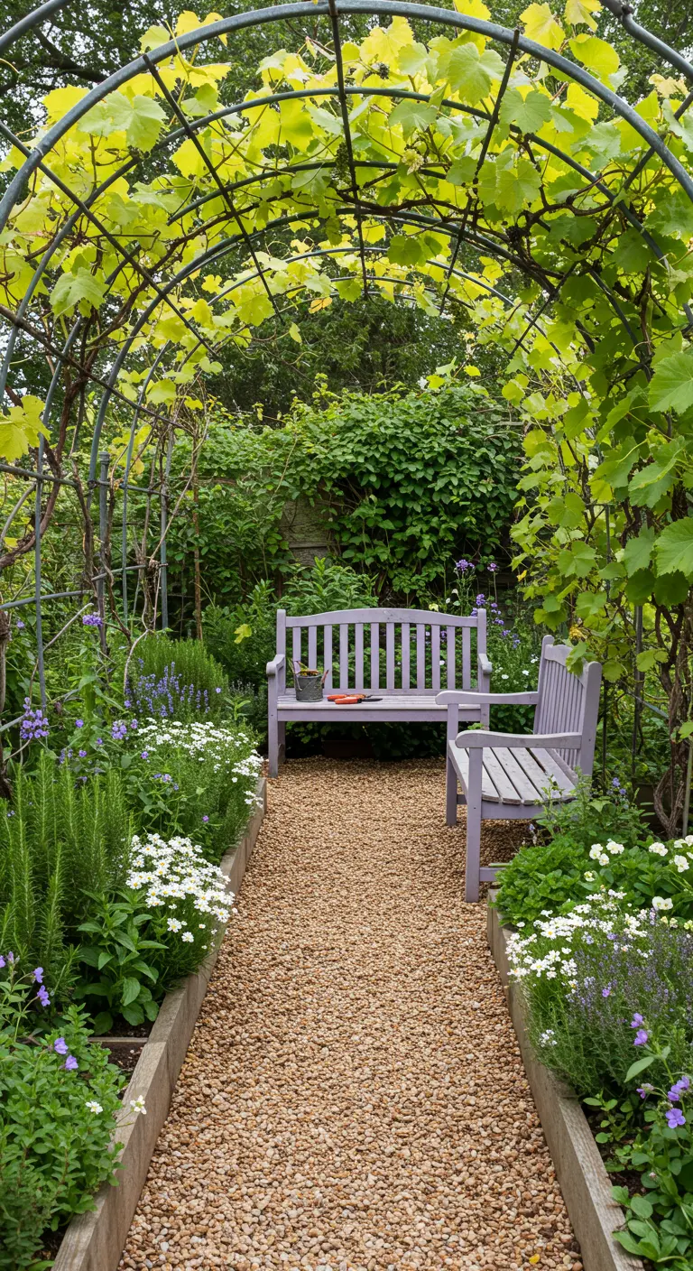 Allée de gravier sous une arche de vigne, avec un banc et une chaise couleur lavande, bordée de fleurs.
