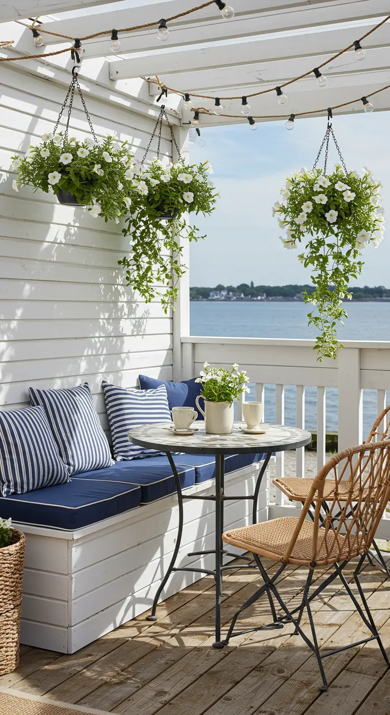 Balcon de style côtier avec banquette blanche, coussins bleus rayés et paniers de fleurs blanches suspendus.