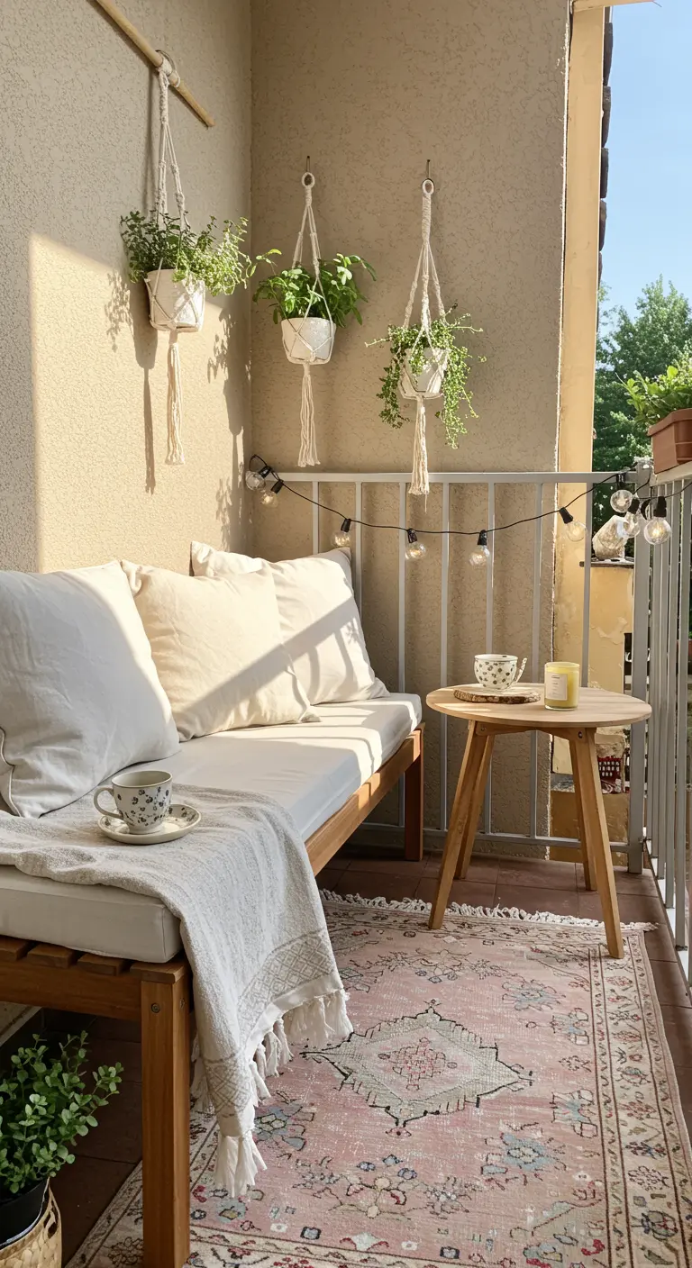 Banc en bois clair, coussins blancs, tapis rose pastel et plantes suspendues au soleil