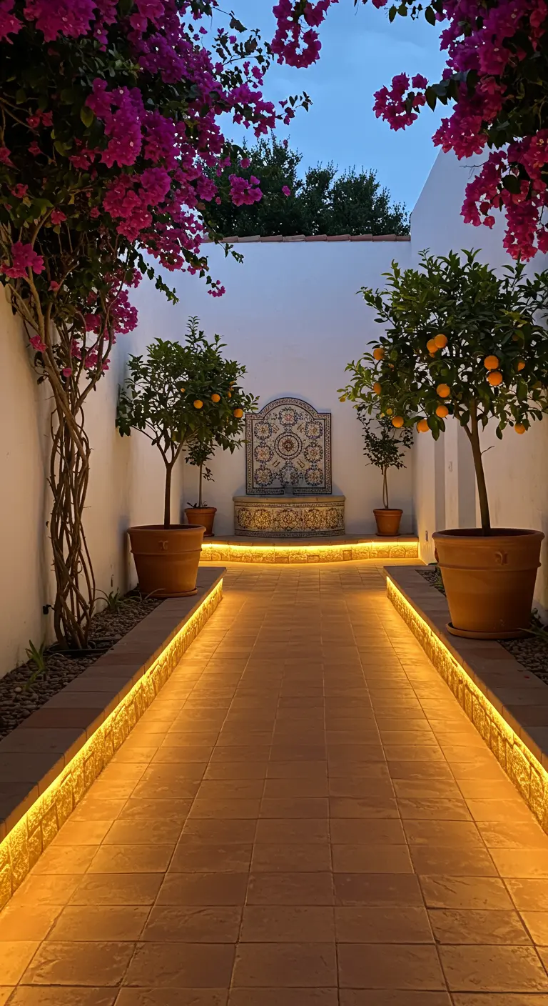 Patio méditerranéen avec allée carrelée, arbres fruitiers en pots et ruban LED chaud le long d'un muret.