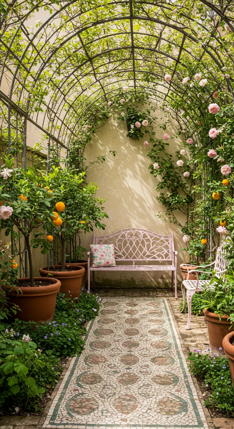 Allée en mosaïque sous une arche métallique fleurie de roses, orangers en pots et banc rose.
