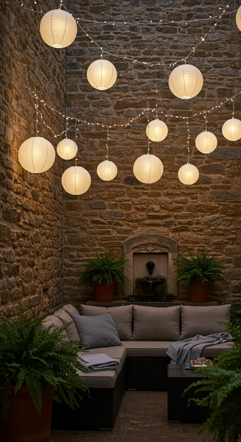 Patio extérieur avec mur en pierre, canapé sectionnel, fougères et lampions blancs suspendus.