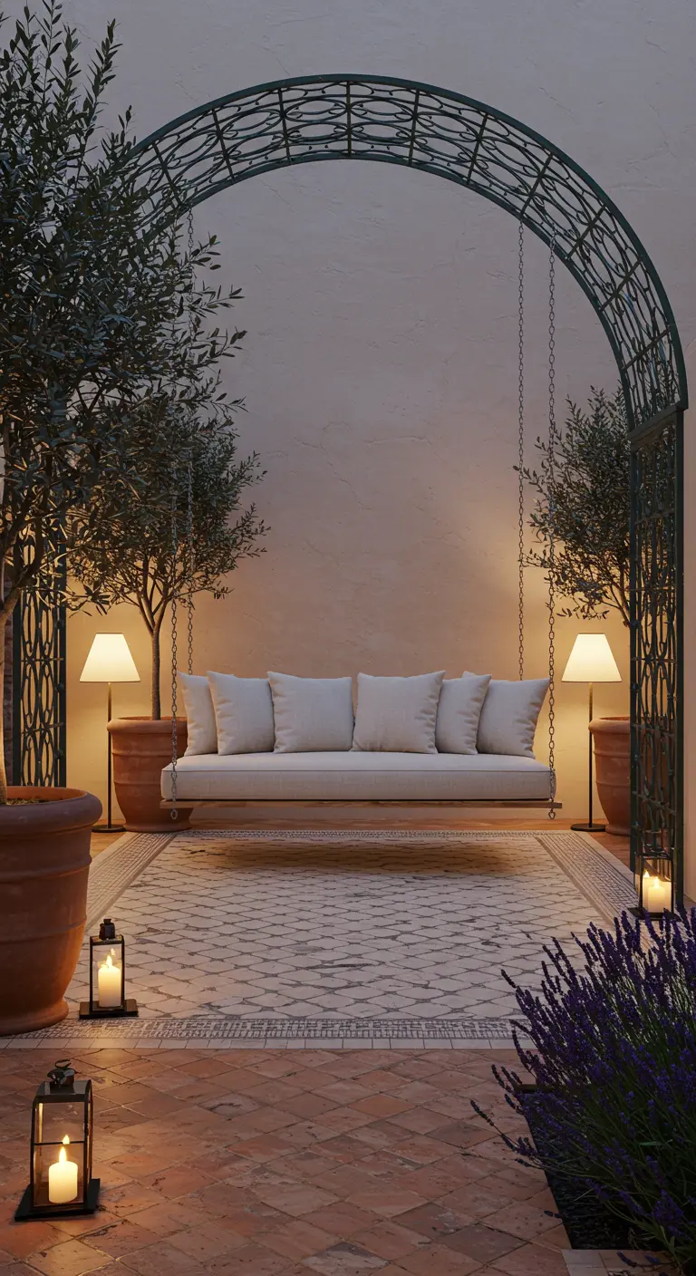 Un canapé suspendu sous une arche en fer forgé, encadré d'oliviers en pots, dans une cour méditerranéenne.