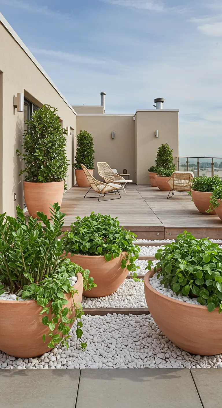 Terrasse sur le toit avec grands pots en terre cuite, gravier blanc et mobilier d'extérieur.