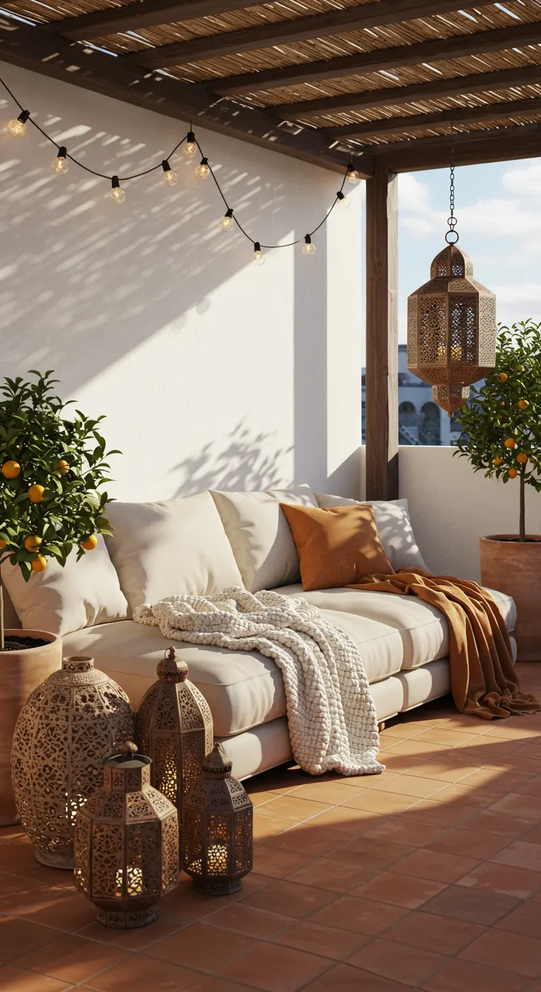 Terrasse méditerranéenne avec canapé blanc, coussins ocre, orangers et lanternes orientales.