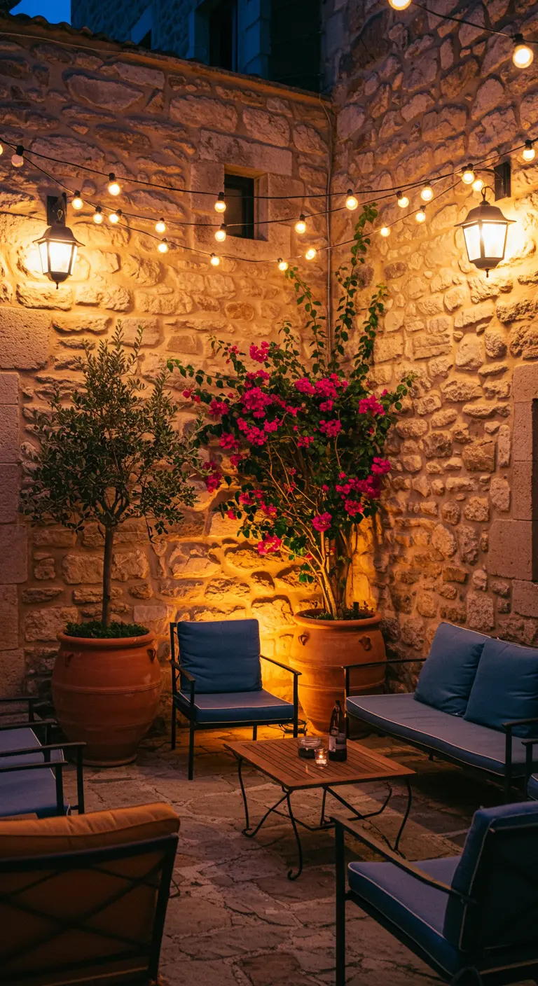 Cour méditerranéenne éclairée par des guirlandes, bougainvillier et olivier en pots.