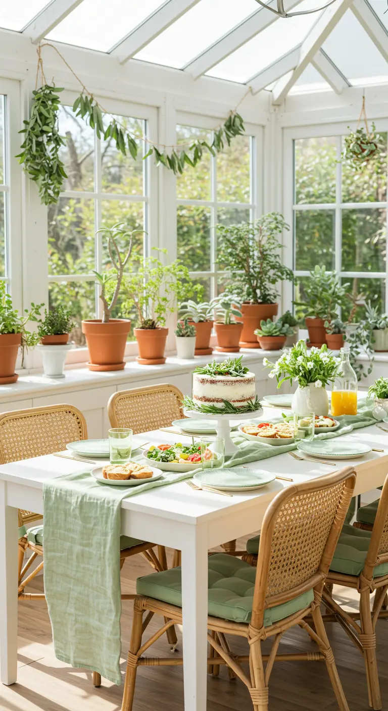 Table de fête monochrome vert menthe dans une véranda avec plantes, chaises en rotin et gâteau.