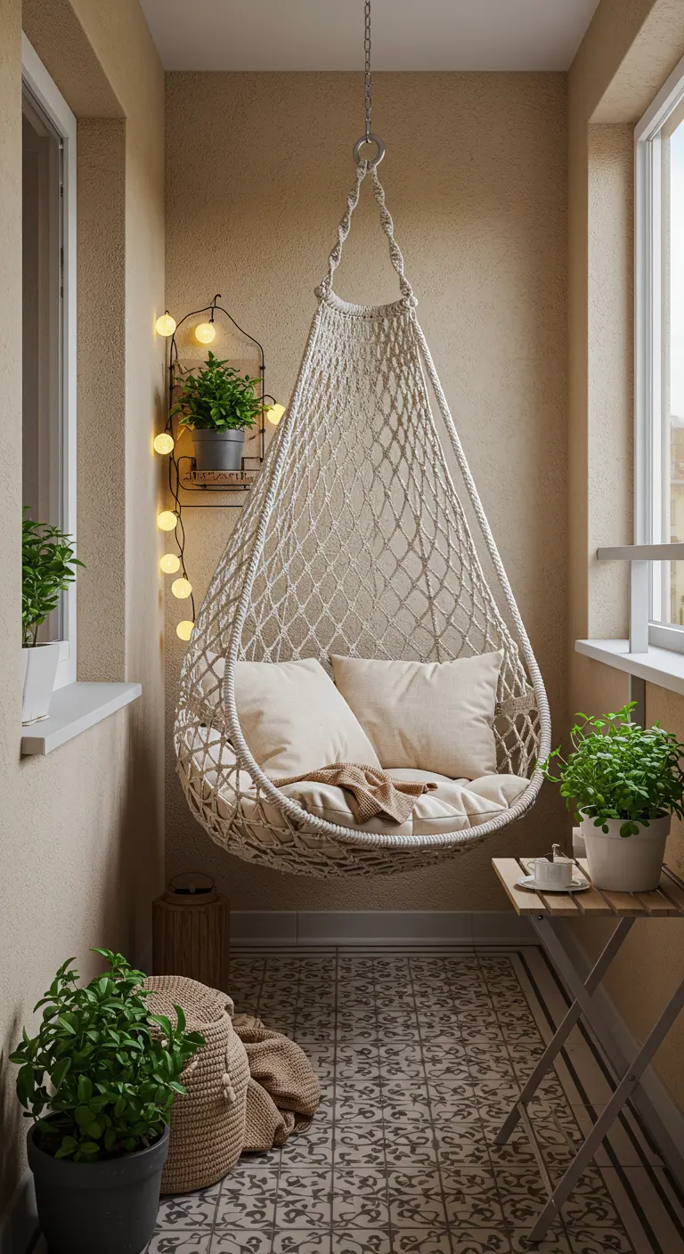 Une chaise hamac en macramé avec coussins clairs sur un petit balcon, décorée de lumières et de plantes.