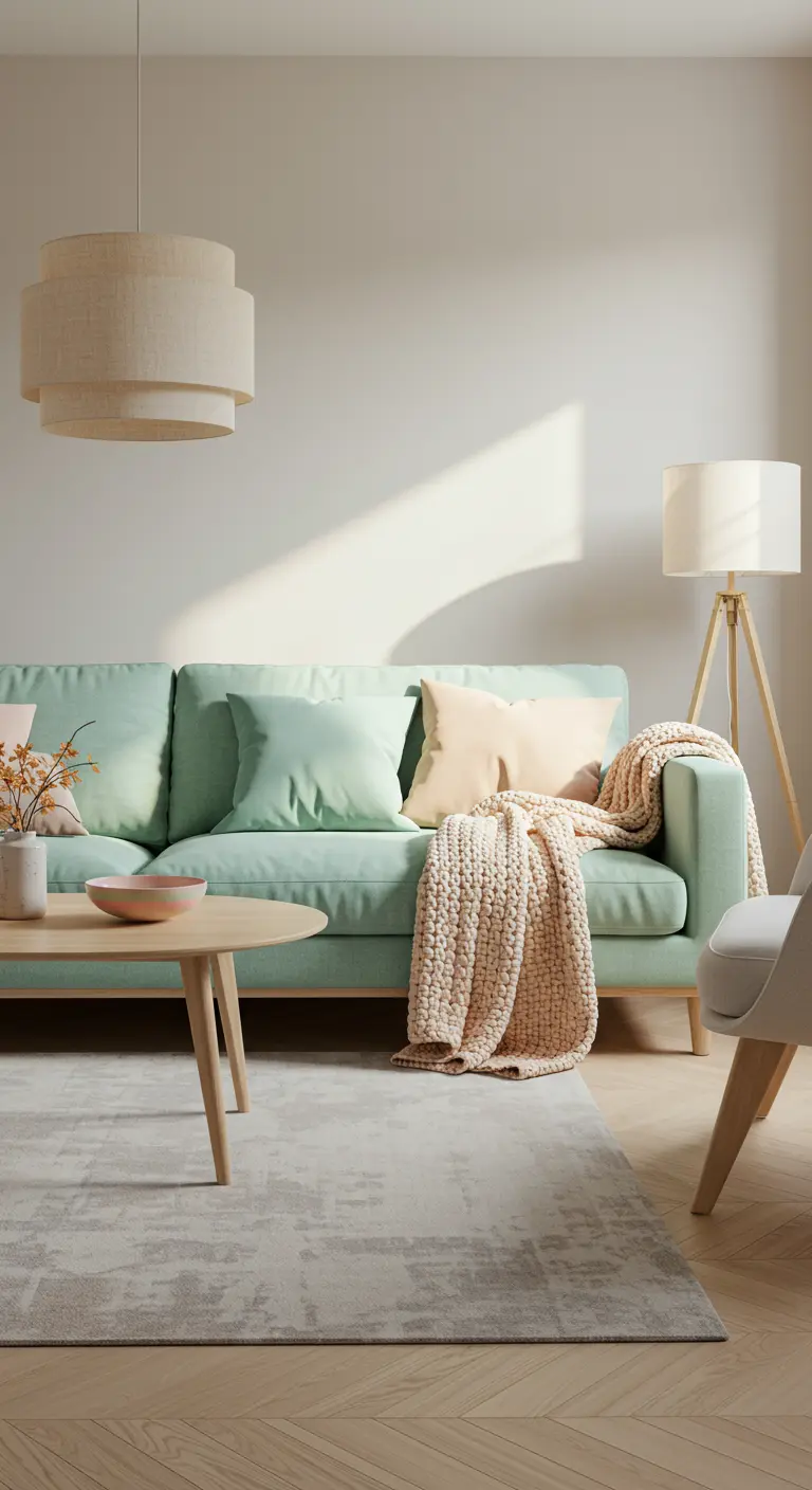 Salon scandinave avec canapé vert d'eau, plaid corail, table basse bois et lampadaire trépied.