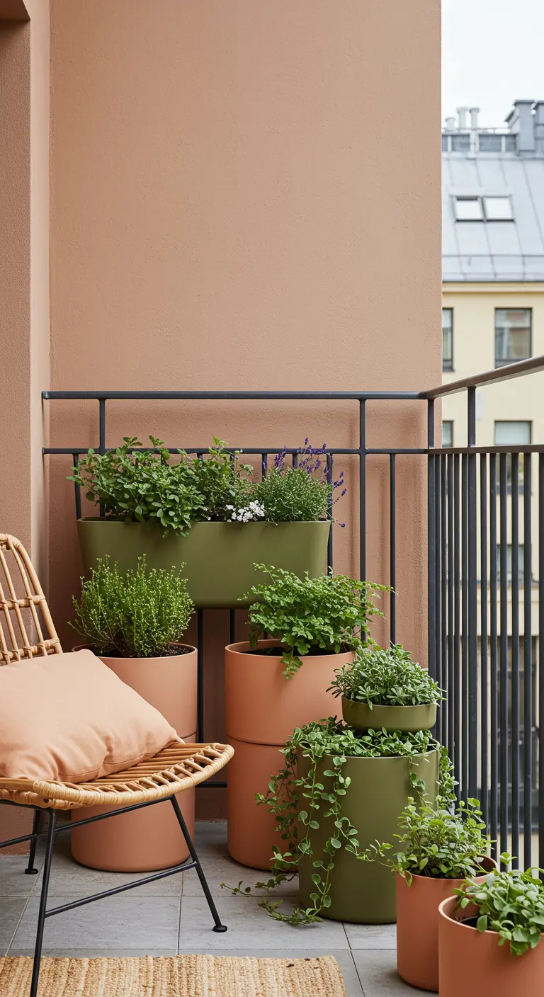 Balcon avec des pots rose poudré et vert sauge, herbes aromatiques et un fauteuil en rotin.