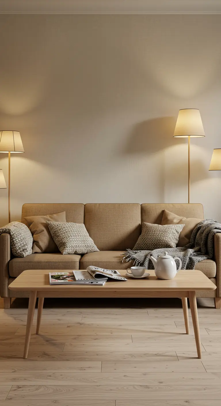 Salon scandinave avec canapé ocre, coussins texturés, deux lampadaires symétriques et table basse bois clair.