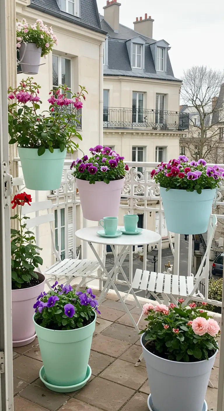 Balcon parisien avec pots pastel suspendus et au sol, et un ensemble de table blanc.
