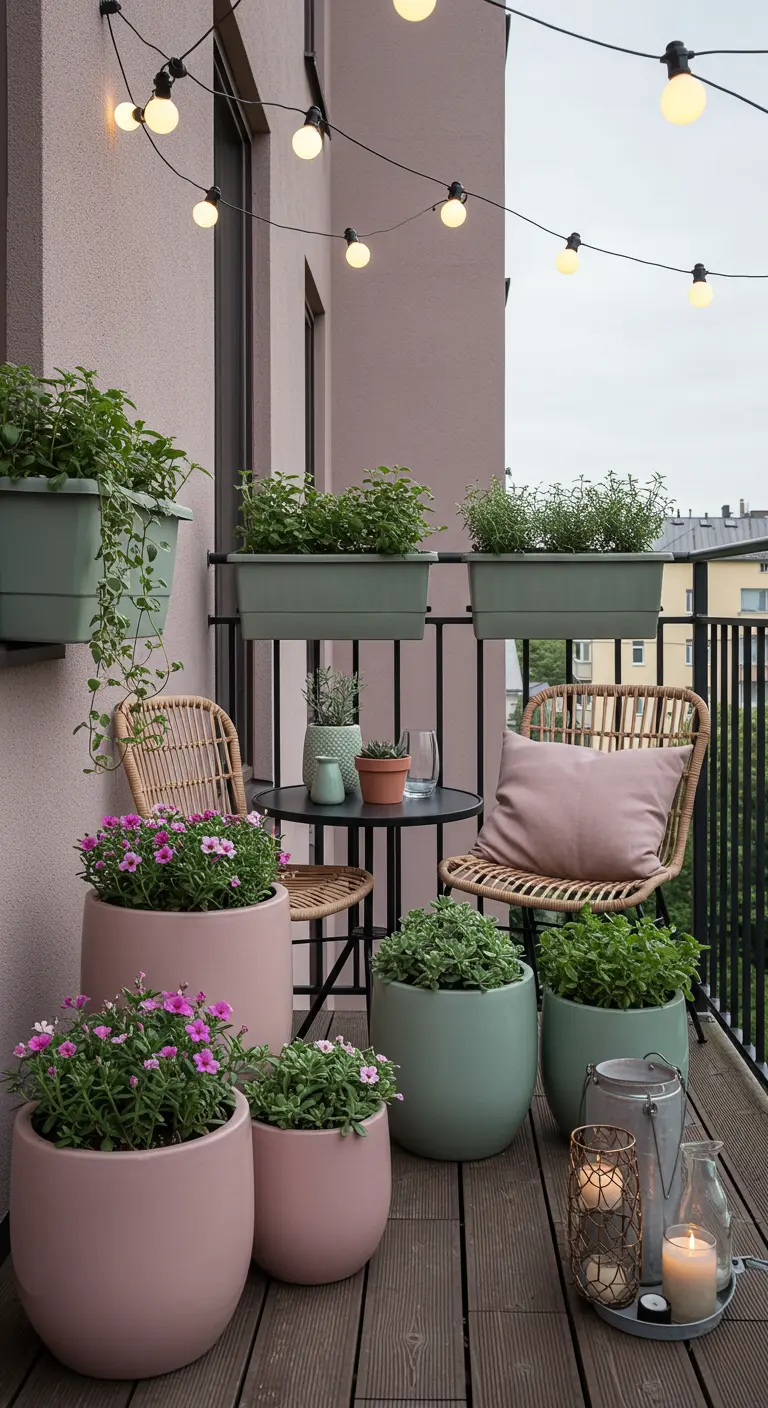 Balcon décoré de pots ronds rose pâle et vert menthe, plantes, chaises en rotin et guirlande lumineuse.