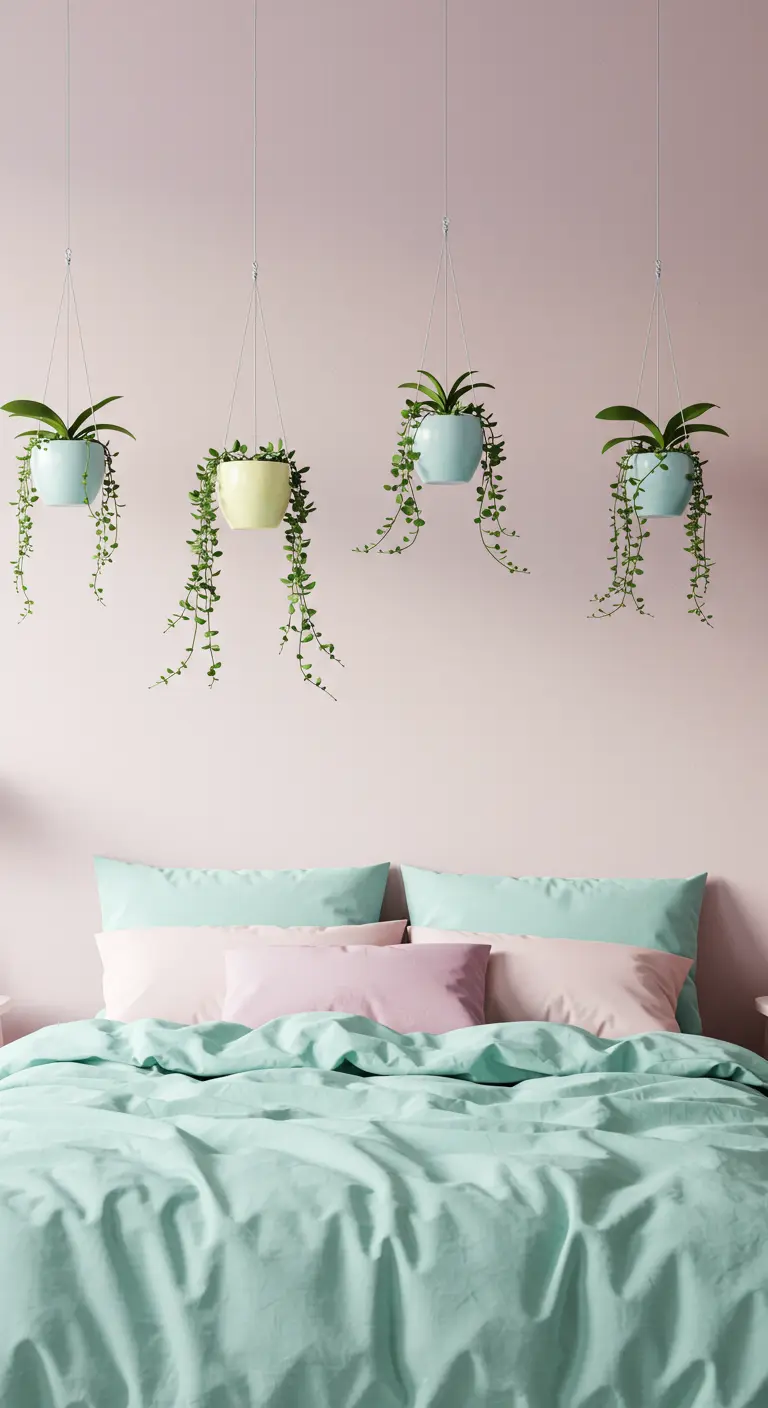 Chambre aux murs rose pastel et literie mint, avec quatre pots suspendus de couleurs variées et plantes tombantes.