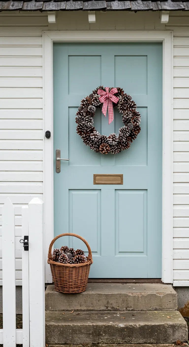 Couronne de pommes de pin givrées et ruban vichy sur porte bleu clair, avec un panier.
