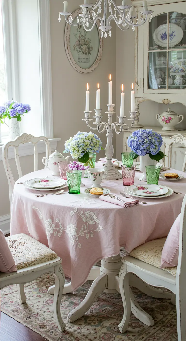 Table shabby chic avec nappe rose brodée, hortensias bleus et roses et vaisselle colorée.