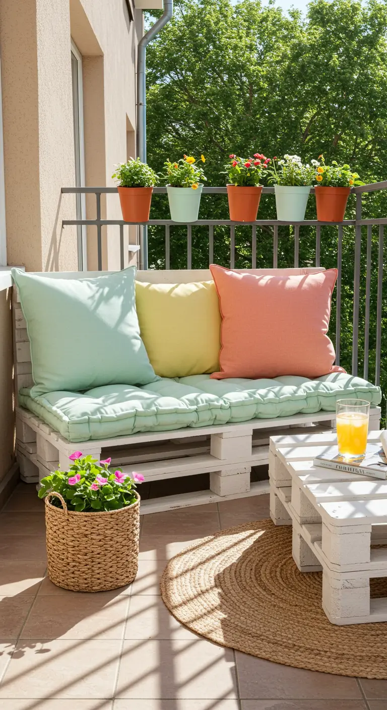 Petit balcon avec banquette en palettes blanches, coussins pastel, tapis de jute et pots de fleurs.