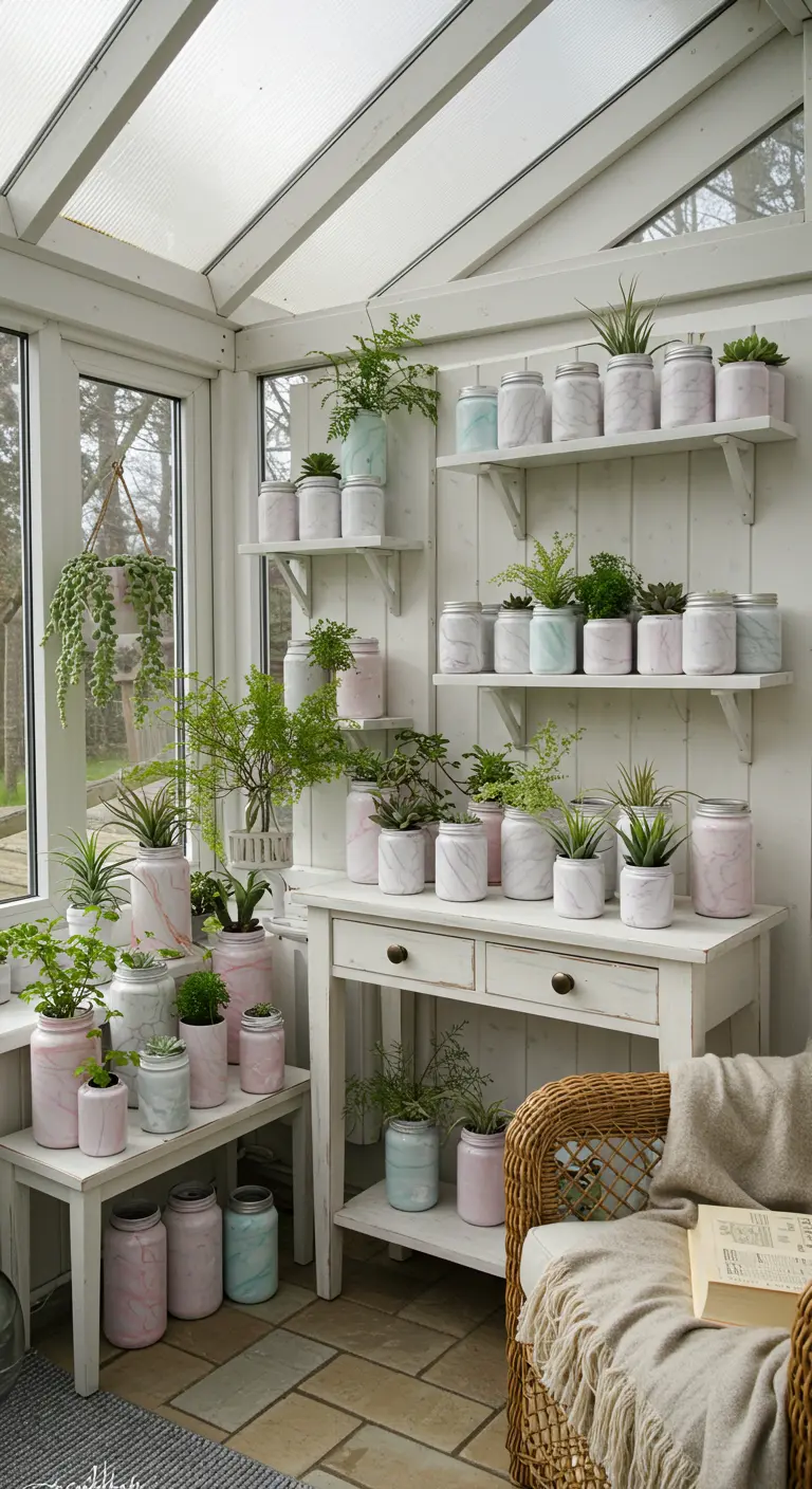 Collection de pots marbrés aux couleurs pastel (rose, bleu, vert) sur des étagères dans une véranda.