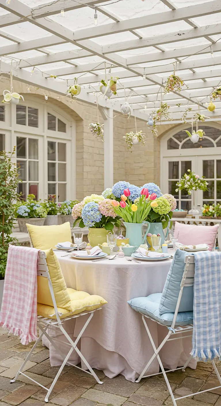 Table de Pâques printanière avec hortensias et tulipes pastel, coussins colorés et suspensions fleuries.