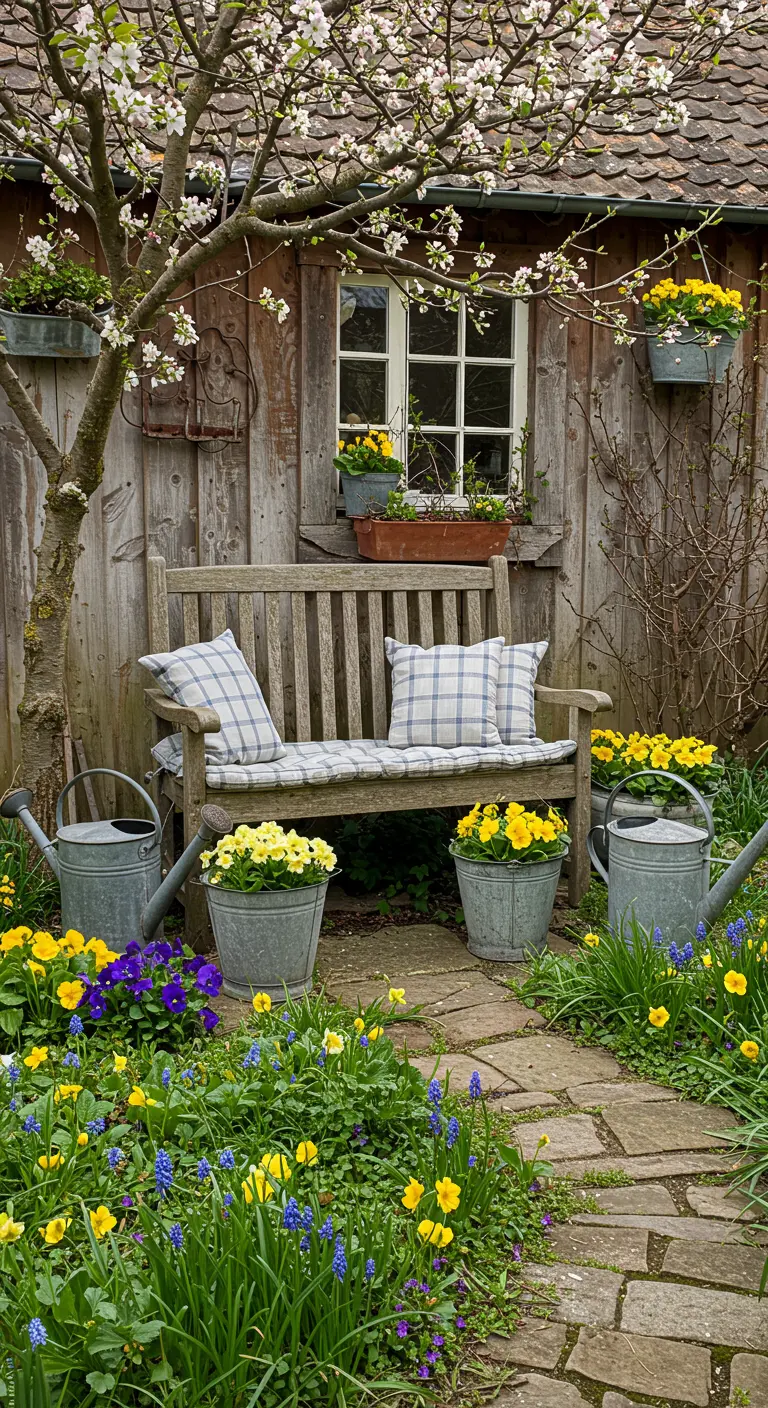 Banc en bois sous un arbre en fleurs avec des pots de fleurs jaunes et des arrosoirs.