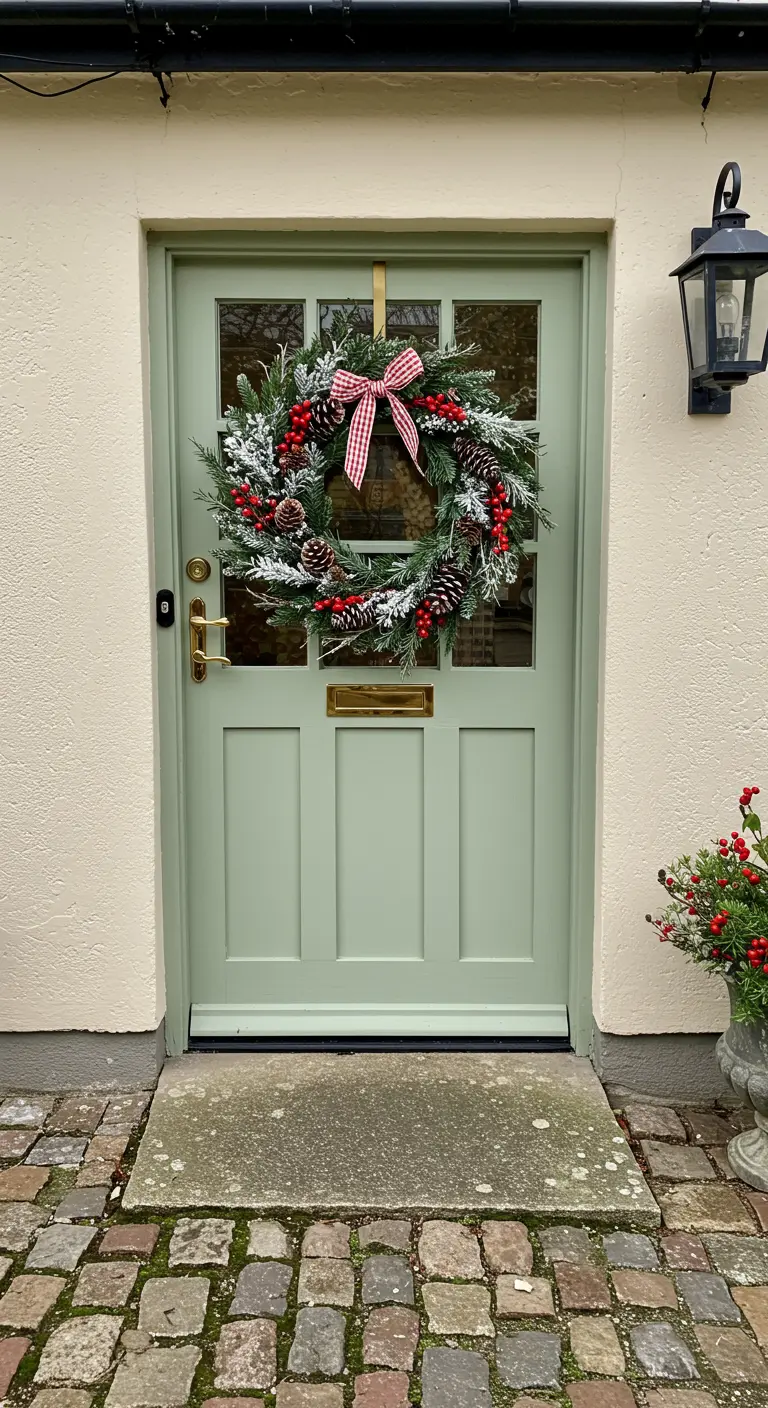 Couronne avec ruban vichy rouge sur porte vert sauge, baies et pommes de pin.